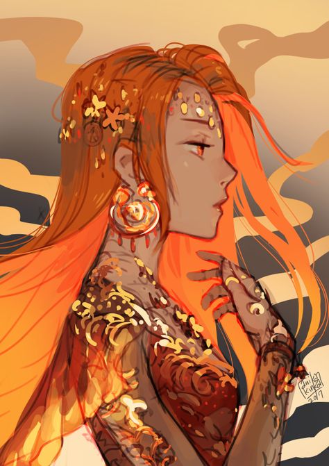 Fire Themed Character, Fire Aasimar, Sunset Character Design, Fire Based Character Design, Fire Person Art, Fire Oc Art, Fire People Art, Fire Elemental Art, Female Fire Elemental