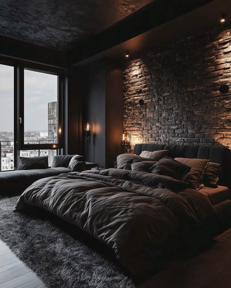 Luxury Black Bedroom Design, Male Home Decor, Dark Aesthetic Bedroom, Dark Modern Bedroom, Design A Bedroom, Men's Bedroom, Mens Bedroom Decor, Black Bedroom Design, Dark Modern