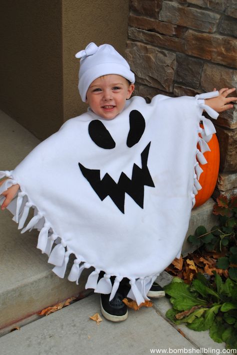 No Sew Ghost Poncho Costume-3 Diy Ghost Costume, Toddler Ghost Costume, Ghost Costume Kids, Sew Halloween Costume, Diy Ghost, Halloween Infantil, Baby Boy Halloween, Ghost Halloween Costume, Ghost Diy