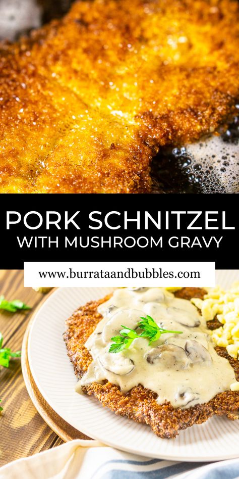 Whether you're celebrating Oktoberfest or just looking for some serious comfort food, you'll love this beer-brined schnitzel with creamy mushroom gravy! Ultra moist, tender and flavorful, this German schnitzel is coated with panko breadcrumbs to make a perfectly crisp coating while the creamy mushroom gravy adds a decadent finishing touch. Pork Schnitzel Recipe Mushroom Sauce, Pork Cutlets With Mushroom Gravy, Pork Schnitzel Recipe Gravy, Schnitzel Gravy, Pork Snitzel, Pork Schnitzel Recipe, Creamy Mushroom Gravy, Bacon And Mushroom, Mushroom Gravy Recipe