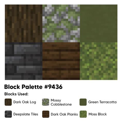 Minecraft House Ideas Cobblestone, Minecraft Green Color Palette, Dark Oak Pallet Minecraft, Dark Academia Minecraft Block Palette, Minecraft Green Block Palette, Minecraft Pallete Blocks, Minecraft Block Palette Birch, Best Minecraft Block Combinations, Minecraft Pallets Ideas