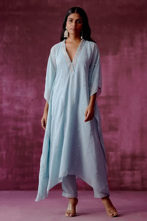 Shop for Tabeer Blue Shantoon Embroidered Kaftan And Pant Set for Women Online at Aza Fashions V Neck Kaftan, Kaftan Kurta, Kaftan Designs, Sustainable Clothing Brands, Kurta Designs Women, How To Hem Pants, Indian Designer Outfits, Suit Designs, Kurta Designs