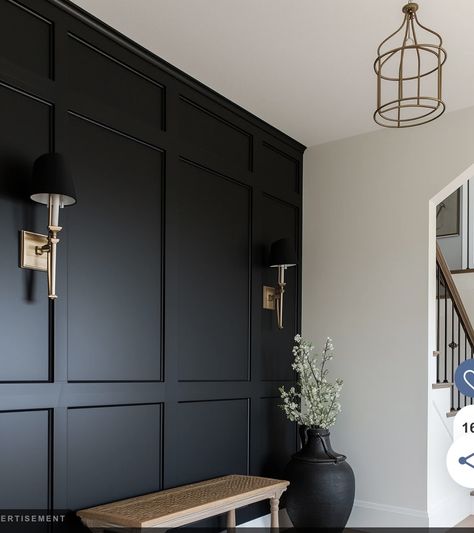 Black Wall With Trim Design, Entryway With Black Wall, Modern Chair Rail Living Room, Grey Batten Wall, Black Wall Inspiration, Dark Wall Trim, Office Wainscoting Ideas, Black Chair Rail, Black Statement Wall