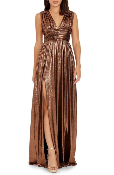 Metallic Draped Asymmetric Sheath … curated on LTK Bronze Gown, Metallic Gown, Bronze Dress, Neutral Bridesmaid Dresses, Midi Wedding Dress, Gold Maxi Dress, Sleeveless Gown, Long Sleeve Gown, Column Gown