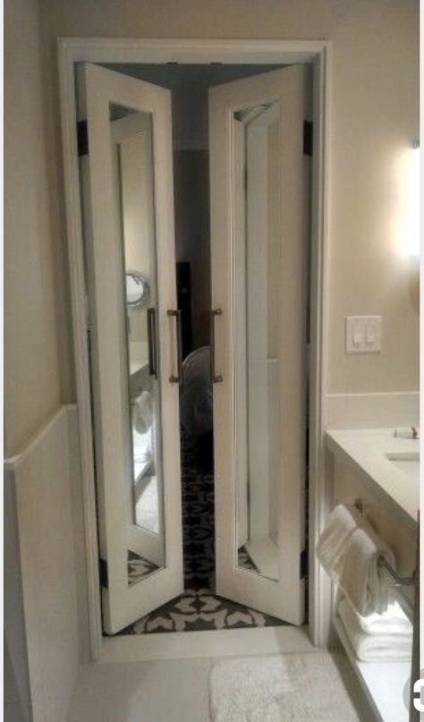 Small French Doors Bathroom, Bathroom Door Alternatives, Small Bathroom Door Ideas, Small French Doors, Bathroom Door Ideas, Door Alternatives, Space Saving Doors, Door Makeover Diy, Closet Door Makeover