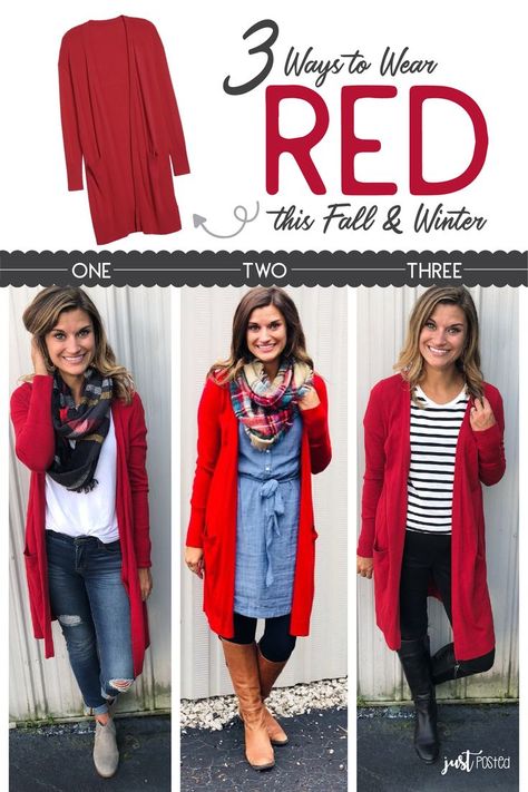 3 Different Ways & Style to wear this Red Cardigan this Fall & Winter! It is easy to wear casually or dressed up! In this post, I show you how to wear all the colors in the Rainbow this Fall & Winter! How To Wear Cardigan, Trendy Christmas Outfits, Mode Tips, Quoi Porter, Wear Red, Red Cardigan, Cardigan Outfits, Colored Pants, Winter Outfits Women