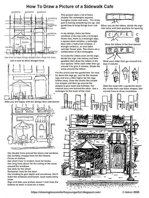 Sidewalk Drawing, Drawing Worksheets, Reference Anime, Drawing Basics, Draw A Picture, Architecture Drawing Sketchbooks, Sidewalk Cafe, Building Drawing, Art Worksheets