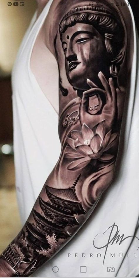 Budha Sleeve Tattoo Design, Buddha Tattoo Designs Men Arm, Budah Tattoos, Half Forearm Tattoo, Buddha Tattoo Design Men, Japanese Buddha Tattoo Design, Buddha Sleeve Tattoo, Tattoo Arm Sleeve Ideas, Buddha Tattoo Design Ideas