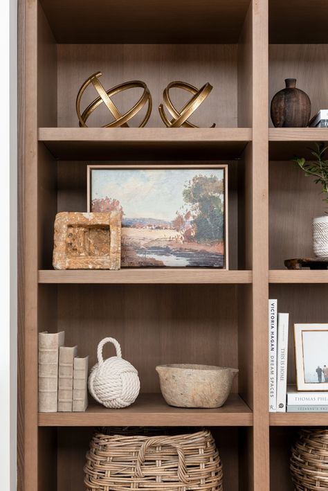 Shelf Styling Inspiration - Studio McGee Raw Decor, Styling Bookshelves, Mcgee And Co, Styling Shelves, Bookcase Decor, Bookshelf Styling, Mcgee & Co, Built In Cabinets, Bookshelf Decor