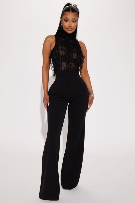 Available In Black. Jumpsuit Sleeveless Mock Neck Mesh Fringe Hidden Back Zipper Wide Leg Stretch Inseam = 34" 95% Polyester 5% Spandex Imported | Make The Move Jumpsuit in Black size Medium by Fashion Nova Brown Strapless Dress, 2024 Wardrobe, Stretch Jumpsuit, Sleeveless Mock Neck, Split Hem Dress, Fashion Nova Outfits, Twisted Dress, Red Jumpsuit, Elegant Skirt