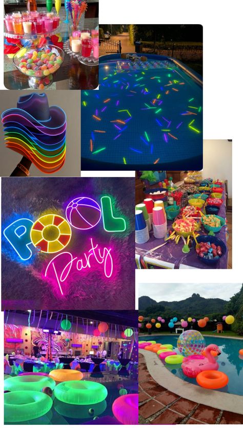 Pool Party Neon, Sweet 16 Pool Parties, Neon Pool Parties, 14th Birthday Party Ideas, Pool Party Ideas, Glow In Dark Party, Neon Birthday Party, Pool Party Themes, Sweet Sixteen Birthday Party Ideas