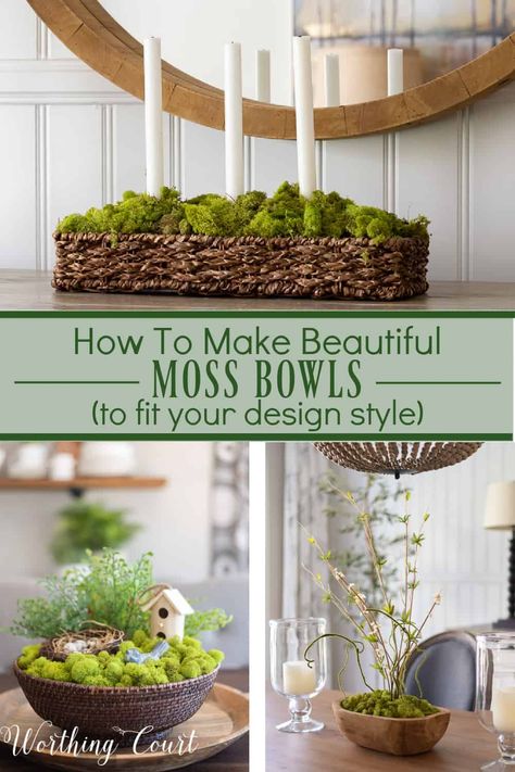 Step-by-step tutorial to make a basic moss bowl, plus creative examples for customizing them to fit your decor. #mossbowls #crafts #tutorial #springdecoratingideas Decorating With Moss Ideas, Moss Planter Ideas, Moss Planters, Moss Board Diy, Diy Moss Planter, Moss Diy Decor, Moss Crafts Diy, Diy Moss Decor, Faux Moss Decor