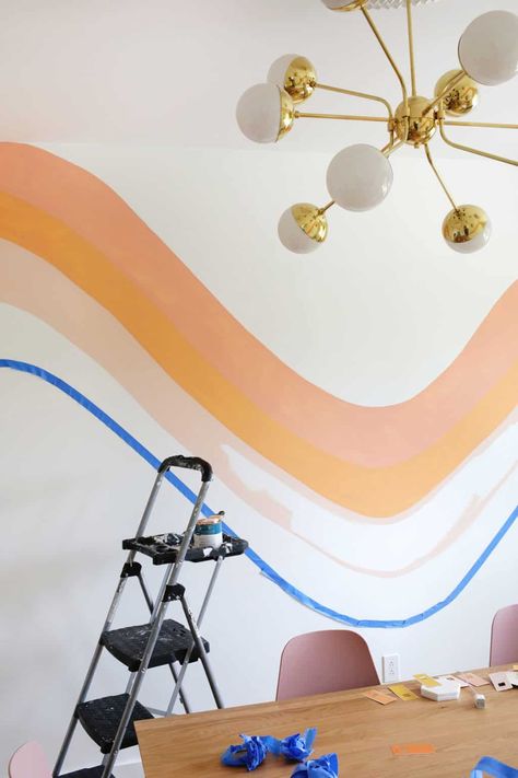 Striped Wave Wallpaper DIY! Stripe Across Wall, Color Stripes Wall, Striped Room Paint, Foyer Wall Painting Ideas, 70s Wavy Wall Art, How To Paint Waves On A Wall, Retro Wall Mural Diy, Easy Diy Wall Mural, Retro Stripe Wall