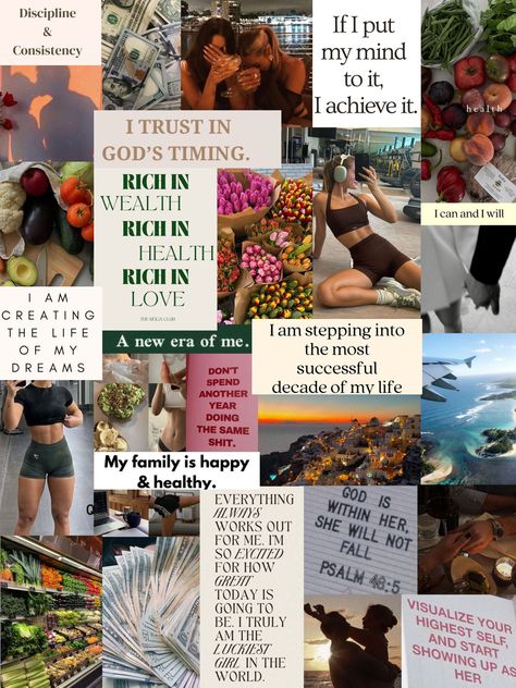 Vision Board For Good Health, Inspiring Vision Boards, Healthy Living Vision Board Pictures, Inspiring Mood Boards, 2024-2025 Vision Board, Health Wellness Aesthetic Wallpaper, 2025 Travel Vision Board, Fall 2024 Vision Board, Goals Inspiration Board