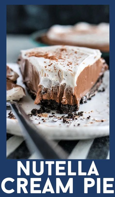 This no-bake pie is made with Nutella, cream cheese, and whipped topping and then filled in an Oreo pie crust. #recipe #nutella #oreo #cream #nobake #pie #creamcheese #easy Oreo Pie Crust Recipe, Nutella Cream Cheese, Nutella Pie, Nutella Cream, Oreo Pie Crust, Fabulous Desserts, Oreo Pie, Awesome Desserts, Oreo Cream