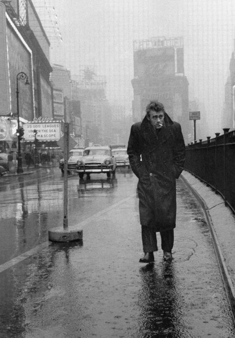 James Dean in Times Square, 1955. Photographed by Roy Schatt. Dennis Stock, James Dean, In The Rain, The Rain, Dean, Times Square, A Man, Walking, New York