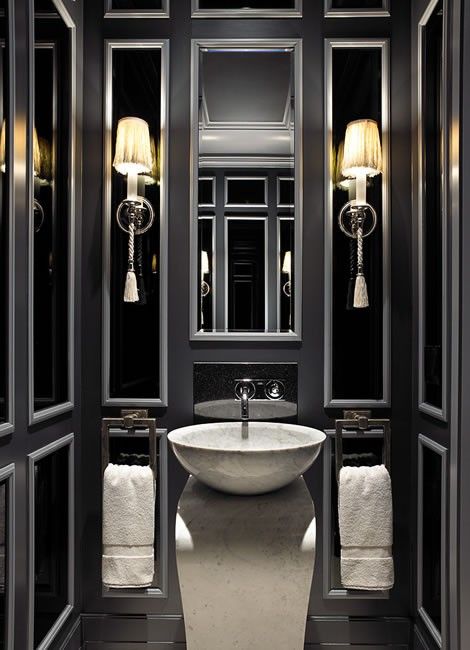 Drama in the powder room...  19 Almost Pure Black Bathroom Design Ideas | DigsDigs Drømme Bad, Black Powder Room, Gothic Bathroom, Bathroom Design Black, Bad Inspiration, Powder Room Design, Casa Vintage, Marble Bathroom, Dream Spaces