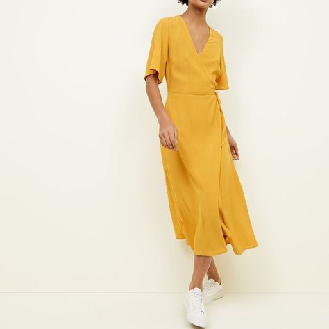 New Look Mustard Yellow Wrap Front Midi Dress Yellow Dress Short, Summer Outfits Women 20s, Mustard Yellow Dresses, New Look Dresses, Yellow Dresses, Dress Short Sleeves, Midi Dress Casual, Petite Maternity, Dress Short