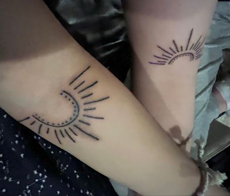 arm tattoo design sunrise sunset sun line drawing work bicep couple sibling matching coordinating tats Sunrise Sunset Matching Tattoos, Boho Sunrise Tattoo, Sunset Sunrise Tattoo Minimalist, Sunrise To Sunset Tattoo, Sunrise Ornamental Tattoo, Sun Tattoo, Lotus Flower Tattoo, Arm Tattoo, Triangle Tattoo