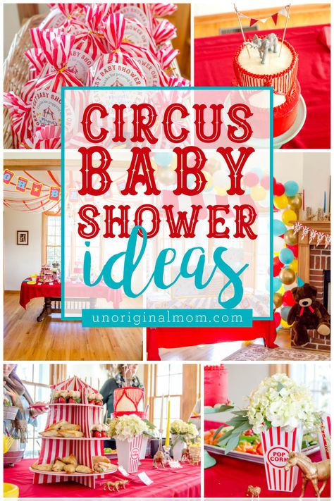 Planning a Circus Baby Shower or a Circus themed party? Here are a bunch of fun DIY Circus elements! Circus Baby Shower Theme Girl, Vintage Circus Baby Shower Theme, Carnival Baby Shower Theme Girl, Carnival Baby Shower Theme Boy, Carnival Theme Baby Shower Ideas, Circus Theme Baby Shower Ideas, Carnival Gender Reveal, Diy Circus Decorations, Carnival Baby Shower Theme