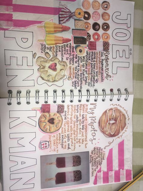 Gcse Art Sketchbook Food Theme, Art Sketchbook Pages Gcse, Joel Penkman Artist Research, Food Artists Gcse, Gcse Art Food Mind Map, Food And Drink Art Gcse Title Page, Shopping Gcse Art, Joel Penkman Gcse Sketchbook, Gcse Art Food Title Page