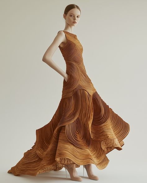 Tree Ring Suede Drawing inspiration from nature’s timeless artistry, this dress features a mesmerizing tree ring pattern, beautifully crafted on soft suede fabric. A perfect blend of organic design and luxury, it captures the essence of high-end fashion with a nod to the natural world. For those who appreciate innovative textures and refined elegance, this unique creation is a statement in sustainable luxury. #LuxuryFashion #InnovativeDesign #HighEndCouture #SustainableFashion #FashionArt... Fashion Design Inspiration Board, Dc Collection, Ring Pattern, Inspiration From Nature, Organic Fashion, Tree Ring, Fashion Forecasting, Fashion Inspiration Design, Organic Design