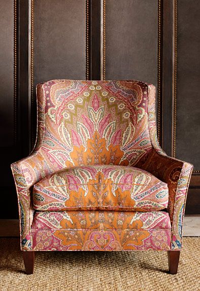 So pretty and comfy- Schumacher Cambay Paisley. Great mixed in with old worn leather club chairs Love Chair, Paisley Fabric, Upholstered Chair, A Rug, Funky Furniture, Beautiful Chair, Take A Seat, Upholstered Furniture, Paisley Pattern