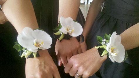 bridesmaids wrist corsages ... Phalaenopsis Orchid blooms ... by Woodstock Florist www.woodstock.co.nz Orchid Corsage Prom, Tropical Flower Corsage, Orchid Corsage Wedding, Corsage Bridesmaid, Corsage Orchid, Tropical Wrist Corsage, Orchid Corsage And Boutonniere, Orchid Wrist Corsage, Orchid Corsage