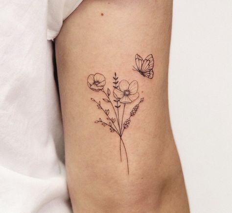 February Birth Flower Tattoo With Butterfly, February Flower Butterfly Tattoo, Carnation Flower Tattoo With Butterfly, May Birth Flower Tattoo With Butterfly, Birth Flowers With Butterfly Tattoo, Birth Follower Tattoo, Birth Flower Bouquet Tattoo With Butterfly, Tattoo Ideas Flowers And Butterflies, August Flower Bouquet Tattoo