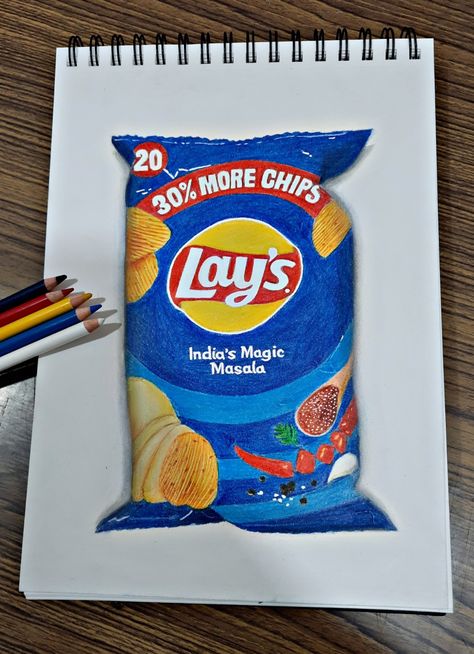 Lay's coloured pencil drawing Lays Chips Drawing, Color Pencil Art Realistic Food, Pencil Color Sketches Artworks, Easy Pencil Colour Drawings Aesthetic, Pencil Colouring Drawing, Color Pencils Artwork Easy, Pencils Colour Drawing, Realistic Object Drawing Colored Pencils, Colour Pencil Shading Drawings