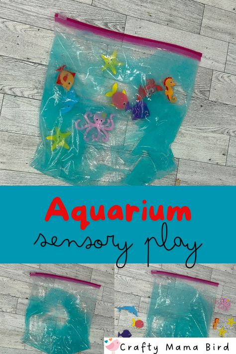 Creativity, imagination and retelling can all be used while exploring with this sensory bag.  Post also includes a list of recommended book about ocean animals. Sea Life Sensory Bin, Jellyfish Sensory Bin, Sea Creature Theme Preschool, Ocean Exploration Preschool, Ocean Animals Sensory Activities, Sea Animal Sensory Bin, Easy Ocean Crafts For Toddlers, Fish Theme Preschool, Ocean Art Toddlers