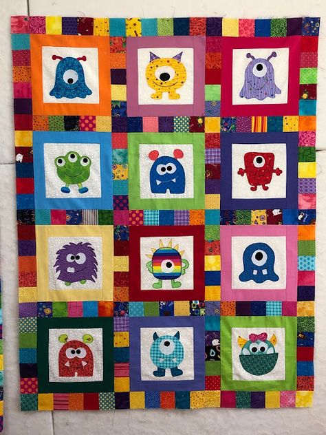 Silly Goose Quilts Monster Quilt Pattern, Monster Quilt, Monster Inspiration, Kid Quilts, Kids Quilts, Electric Quilt, Blanket Ideas, String Quilts, Childrens Quilts