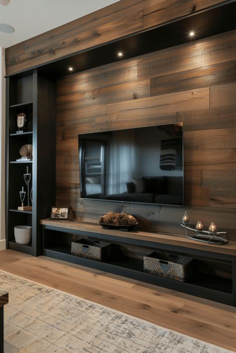 62  Modern TV Wall Ideas Plywood Tv Wall, Rustic Entertainment Wall, Indoor Entertainment Area Ideas, Wood Tv Accent Wall, Family Room Entertainment Center Ideas, Small Living Room Remodel Ideas, Wood Paneling Behind Tv, Accent Walls With Tv, Black Entertainment Wall