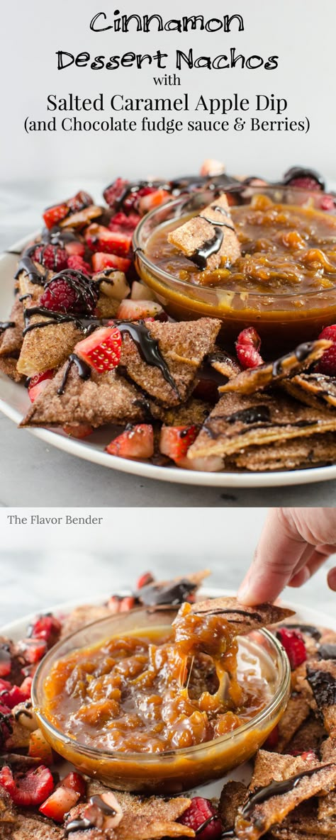 Cinnamon Dessert Nachos with Salted Caramel Apple Dip (Plus Chocolate Fudge sauce and Berries) - This dessert version of Cinnamon Dessert Nachos, are taken to the next level with this decadent Salted Caramel Apple dip! But if you want the classic (or both) Just drizzle on some Chocolate Fudge sauce and berries instead Dessert Nachos Recipe, Dessert Nachos, Cinnamon Desserts, Chocolate Fudge Sauce, Caramel Apple Dip, Cookies Healthy, Sweet Dips, Apple Dip, Healthy Vegan Snacks