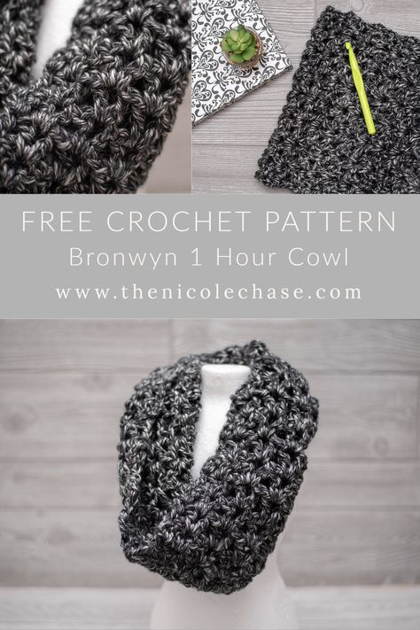 Bronwyn 1 Hour Cowl - Free Crochet Pattern — Nicole Chase Chunky Crochet Cowl Pattern Free, Bulky Weight Yarn Crochet Patterns, Crochet Chunky Cowl Free Pattern, Free Crochet Cowl Patterns For Women, Crochet Bulky Cowl Pattern Free, Super Bulky Crochet Blanket Cowl Pattern, 1 Hour Crochet Projects Free, Chunky Yarn Cowl Crochet Pattern, 1 Skein Crochet Projects Free