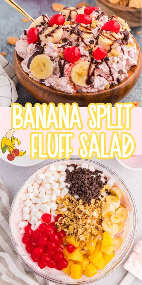 The best banana split fluff salad made with Cool Whip, pudding, and more! Banana Split Fluff Salad, Cool Whip Pudding, Banana Split Fluff, Dessert Salad Recipes, Fluff Salad Recipes, Desserts Oreo, Easy Fruit Salad Recipes, Fluff Salad, Fluff Recipe