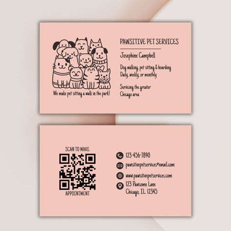 Cute Pet Sitter Peach Cat Dog QR Code Business Card Animal Business Card, Pet Sitting Business Cards, Dog Walking Business Cards, Dog Sitting Business, Calling Card Design, Groom Room, Pet Care Business, Pet Sitting Business, Peach Cat