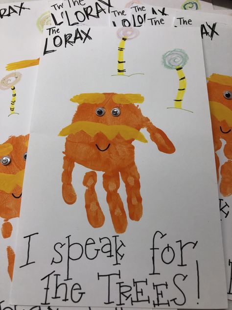 Storybook Preschool Activities, Truffle Trees Dr Suess, Book Themed Crafts For Preschool, The Lorax Activities Preschool, Dr Susse Crafts, Doctor Suess Crafts, Preschool Book Crafts, Lorax Handprint Craft, Dr Suess Arts And Crafts For Kids