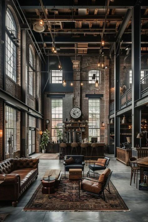 Industry Interior Design, Open Ceiling Ideas, Concrete Apartment Interior, Industrial Loft Interior Design, Industrial Interior Design Style, Unique Home Interior Design, Chic Barndominium, Brick Office Interior, Warm Industrial Interior