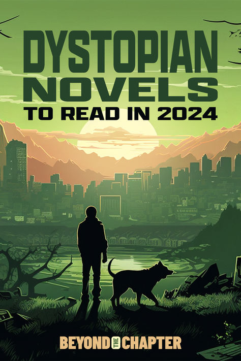 Sunset backdrop, silhouette of a man beside a dog in the foreground, in green hues, and a city in the distance. Dystopian Book Cover Design, Good Dystopian Books, Modern Classic Books, Intp Books, Futuristic City Dystopia, Cyberpunk Books, Banned Books List, Dystopian Book Covers, Books Dystopian