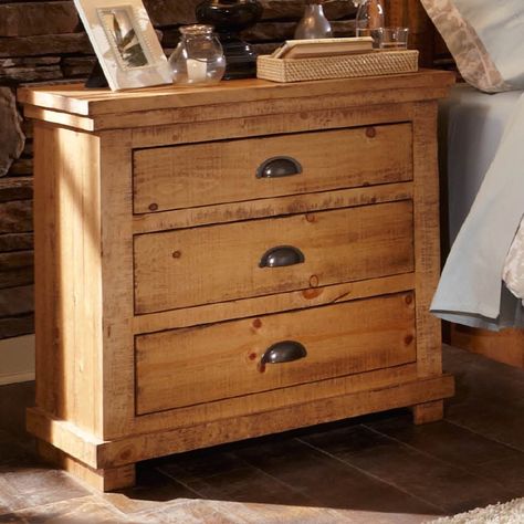 Progressive Furniture Willow 3 Drawer Nightstand - Give your bedroom a welcoming, lodge-style look with the Progressive Furniture Willow 3 Drawer Nightstand . This bedside organizer is crafted from... Pine Nightstand, Upholstered Bedroom Set, Pine Bedroom, Bedside Organizer, Three Drawer Nightstand, King Upholstered Bed, Slatted Headboard, 3 Drawer Nightstand, Pine Furniture