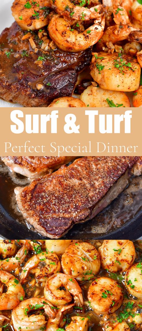 This surf and turf recipe is a perfect combination of the juicy, pan-seared steak with sautéed shrimp and scallops in a buttery garlic sauce. This dish is very easy to make and will take only about 20 minutes to cook. It’s a great dinner for a special night! Surf N Turf Recipes, Buttery Garlic Sauce, Shrimp And Scallop Recipes, Scallops Recipe, Crescent Recipes, Friends Recipes, Steak And Shrimp, Easy Steak, Shrimp Dinner