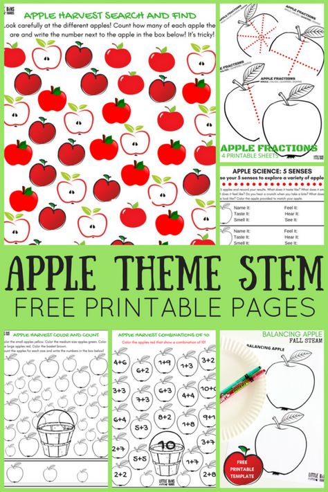 Apple theme worksheets and free apple printable pages for early learning kindergarten and first grade. Apple pages for STEM including science, engineering, and math. Fun fall lesson planning ideas. Apple Themed Stem Activities, Apple Unit 2nd Grade, Apples Unit 2nd Grade, Apples First Grade Activities, Apples Second Grade, Apple Printable, Apple Lesson Plans, Apple Unit Study, Apple Theme Activities