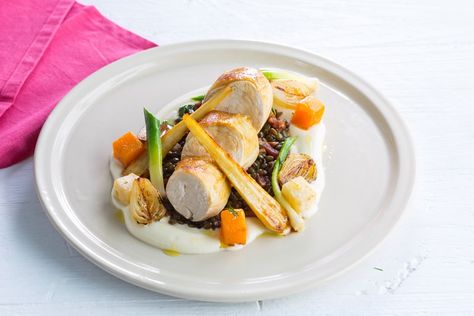 Michael Caines serves up pan-fried chicken breast with a lentils a la Française recipe in this elegant main course. Wedding Food Main Course, Pan Fried Chicken Breast, Swiss Chard Recipes, Food Main Course, Chard Recipes, Great British Chefs, Main Course Dishes, Fried Chicken Breast, Plating Ideas