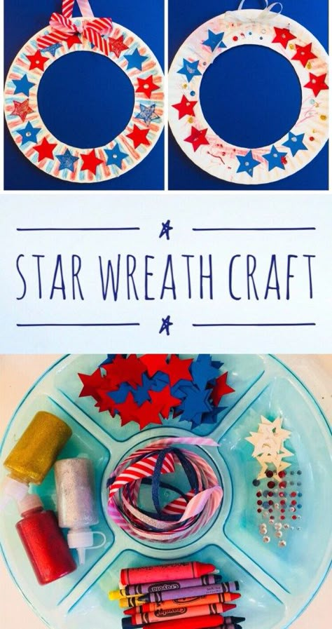 Summer Preschool Crafts, Fourth Of July Crafts For Kids, Wreath Paper, Paper Plate Craft, Star Wreath, Paper Plate Crafts For Kids, 4th July Crafts, Inexpensive Crafts, Summer Craft