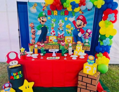 Super Mario Cake Table, Super Mario Bros Table Decor, Super Mario Bros Dessert Table, Super Mario Table Decorations, Super Mario Brothers Birthday Party, Super Mario Brothers Birthday, Mario Brothers Birthday Party, Mario Bros Birthday Party Ideas, Mario Birthday Cake