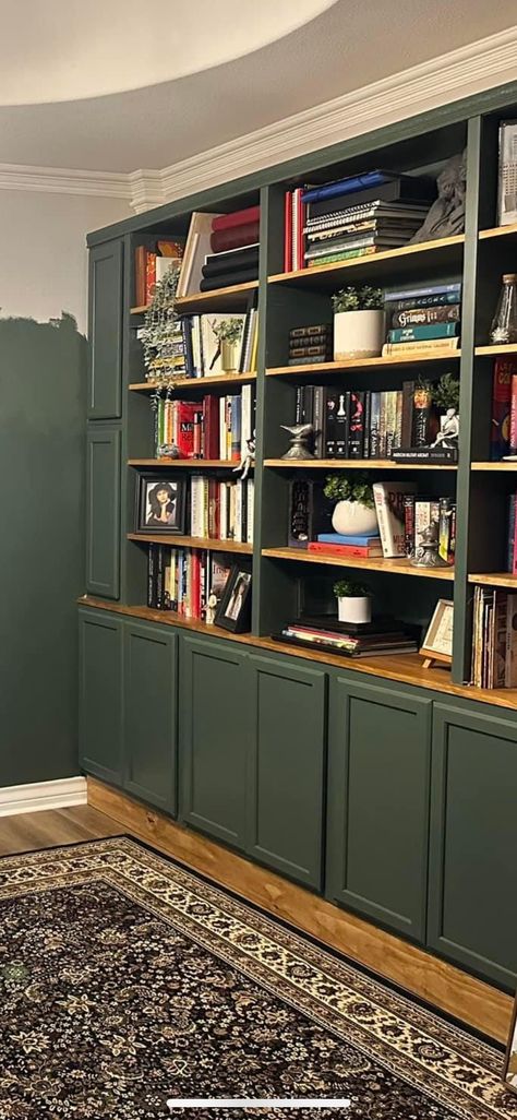 Dark Green Bookshelves, Green Library Shelves, Dark Green Bookshelf, Dark Green Bookshelf Aesthetic, Dark Green Aesthetic Library, Green Shelves, Fire Painting, Old Frames, Home Library