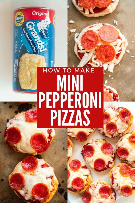 These Mini Pizzas are an easy party snack and quick dinner the whole family will love! Make individual pizzas with Pilsbury Grand refrigerator biscuits in under 15 minutes. Keep it classic with pepperoni or add your favorite pizza toppings! Grand Biscuit Recipes, Pillsbury Biscuit Recipes, Refrigerator Biscuits, Pepperoni Pizza Bites, Mini Pizza Recipes, Homemade Pizza Rolls, Individual Pizzas, Biscuit Pizza, Pillsbury Biscuits