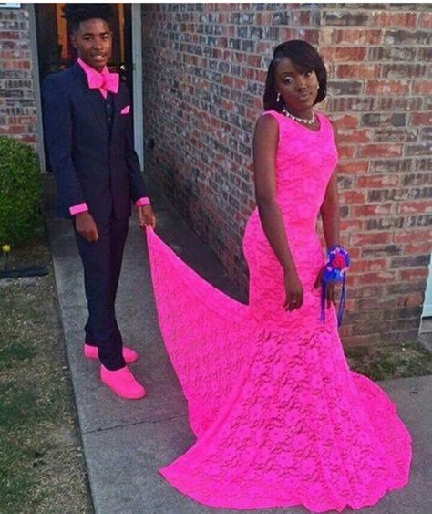 Pinterest ♥☆@badgalronnie☆♥ Neon Pink Prom Dress Couple, Prom Colors For Couples Hot Pink, Navy And Pink Prom Couples, Prom Couples Outfits Pink, Pink Prom Couple Outfit, Pink Prom Black Couple, Pink Prom Couple, Pink Prom Suit, Hot Pink Prom Dress