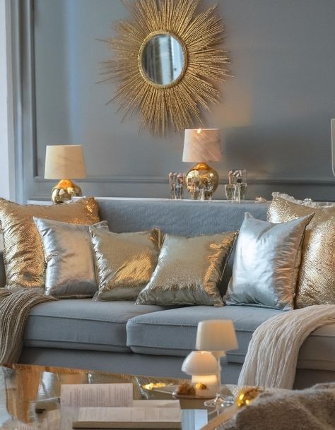 Gold and Grey Glamour Grey Gold Silver Living Room, Gray Silver And Gold Living Room, Gold And Gray Living Room, Grey And Gold Living Room Ideas, Gold And Grey Living Room, Gray And Gold Living Room, Grey And Gold Living Room, Cozy Glam Living Room, Grey Couch Living Room Ideas